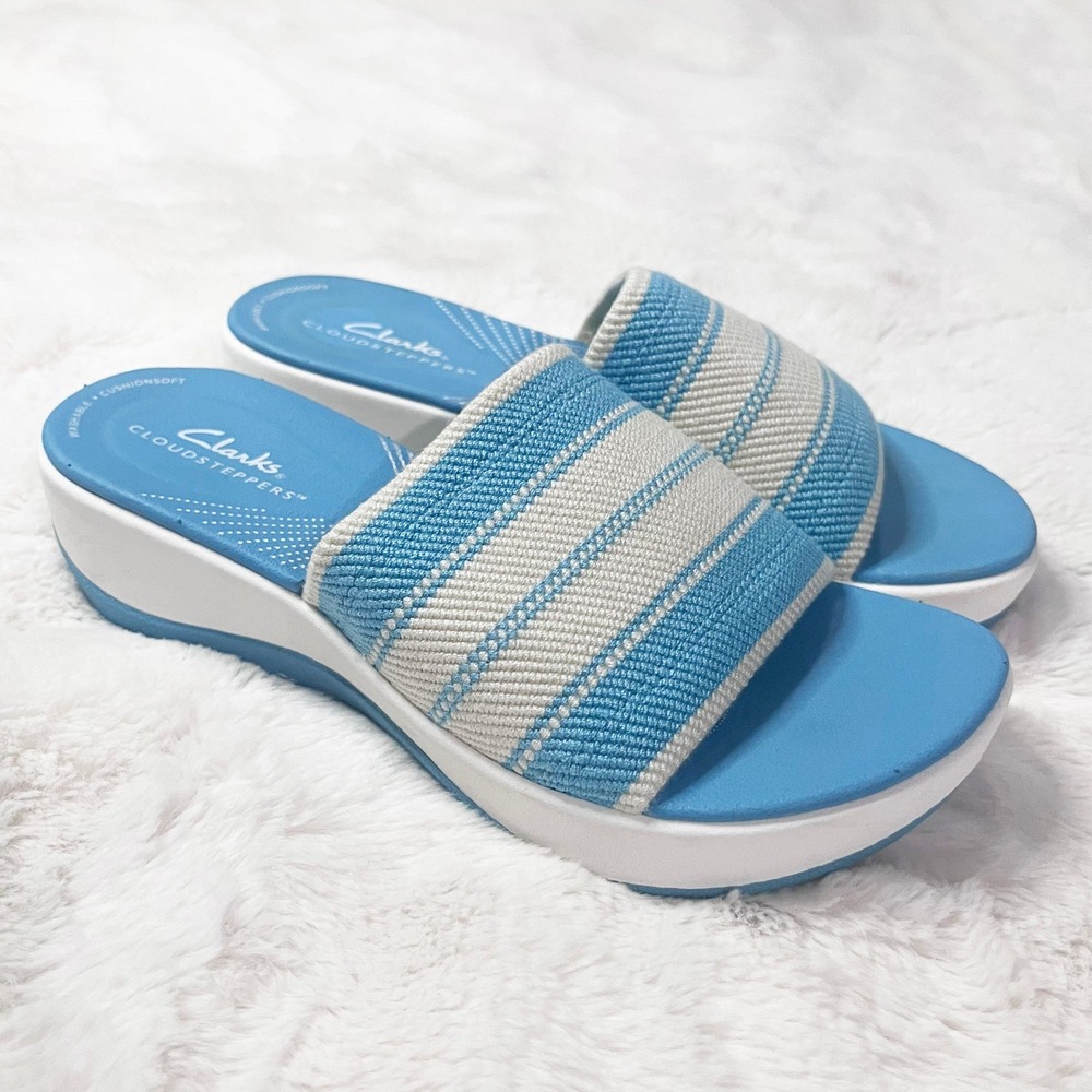 Clarks Cloudsteppers Arla Hollis Blue Striped Slide Platform Sandals Womens 5 M